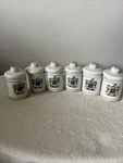 Vintage Porcelain Apothecary Jars First Aid Set Of 6 Made Japan Aspirin. Fixed Price $47.99.